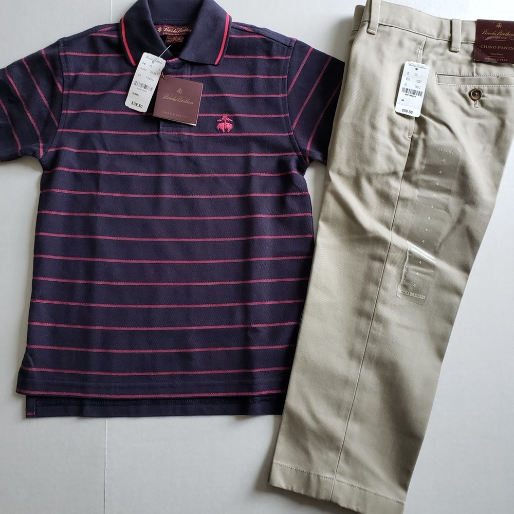 Brooks Brothers Navy and Pink Polo with Tan Pants